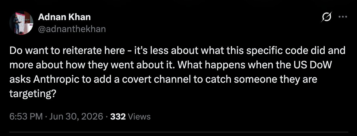 IntCyberDigest's tweet photo. ❗️ Exactly this. Detecting abuse, resale, or policy violations is not the shocking part. Hiding those signals in a covert prompt channel inside a trusted coding agent is the part that is concerning. https://t.co/rcWNe80EHt
