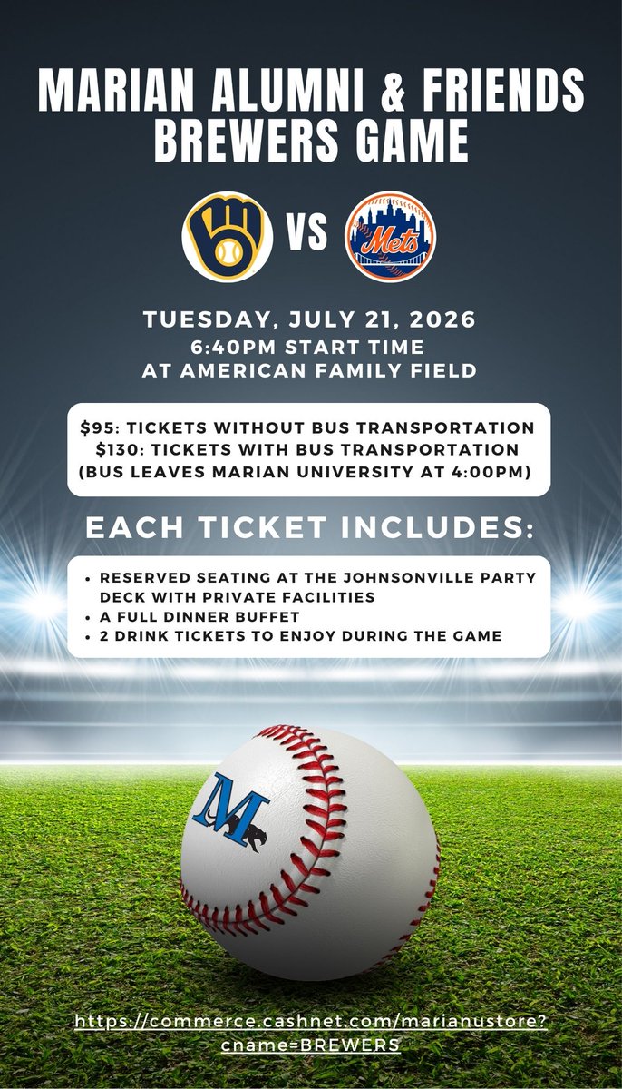 marian_wi's tweet photo. Join Marian University Alumni &amp; Friends  as they cheer on the Milwaukee Brewers  on Tuesday, July 21, 2026, at American Family Field. This is the perfect opportunity to reconnect, enjoy great food, and experience the game together ⚾
🎟️https://t.co/0DyIzLfk5C https://t.co/kl4SrelKIh