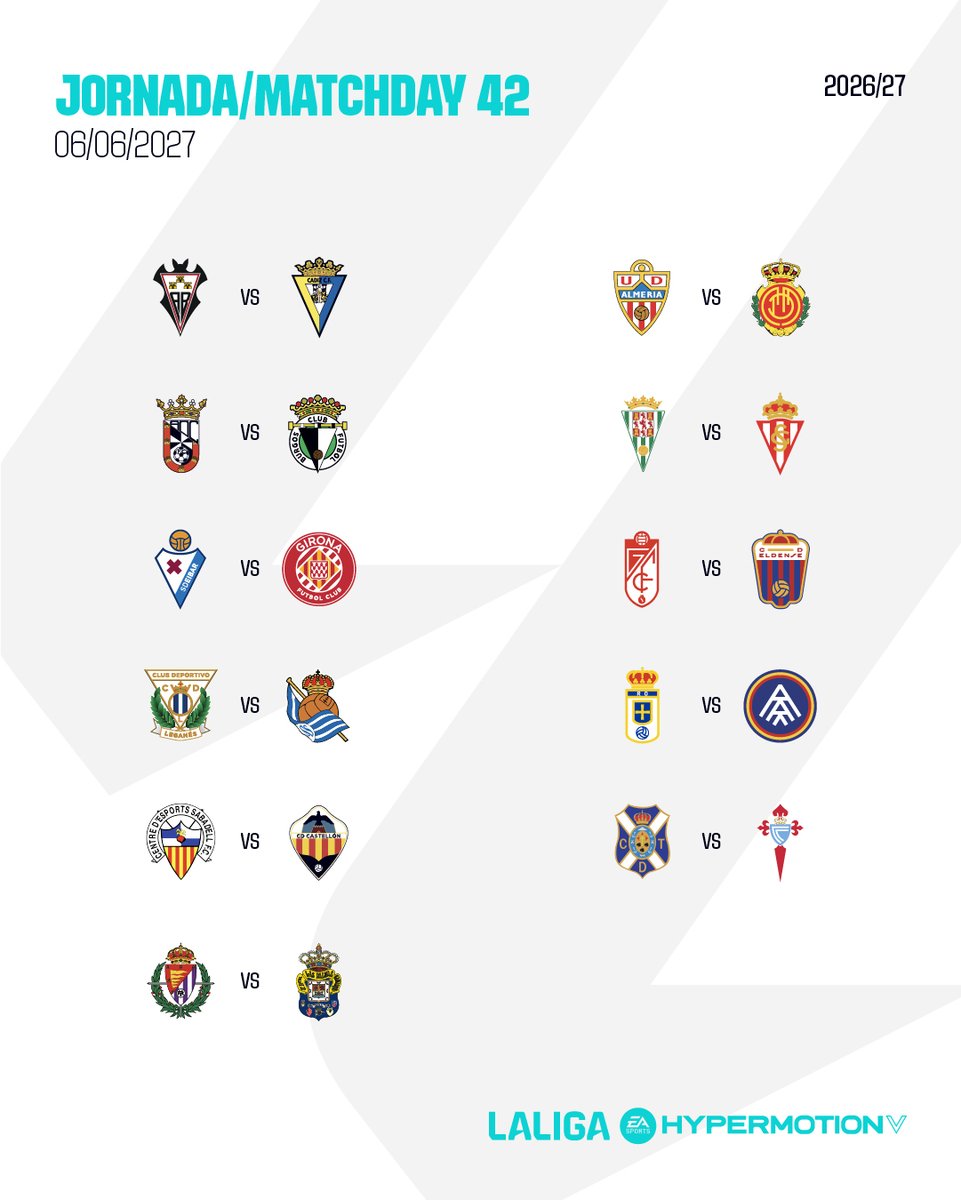 LaLiga2's tweet photo. 🗓️ La jornada 42 marcará el cierre de la temporada 2026/27 de #LALIGAHYPERMOTION. https://t.co/dyfio7nwmN