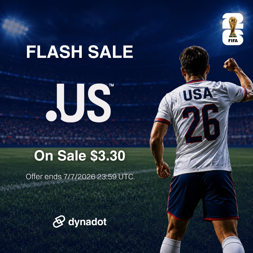 Dynadot's tweet photo. 🇺🇸⚽ The countdown to kickoff is on. #FIFAWorldCup

With the USA team taking the field and Independence Day around the corner, now's the perfect time to secure your place online with a .US domain.

Register .US domains for just $3.30 through 7/7/26. https://t.co/FG5ae7sfUD https://t.co/J4aY3nnqRC