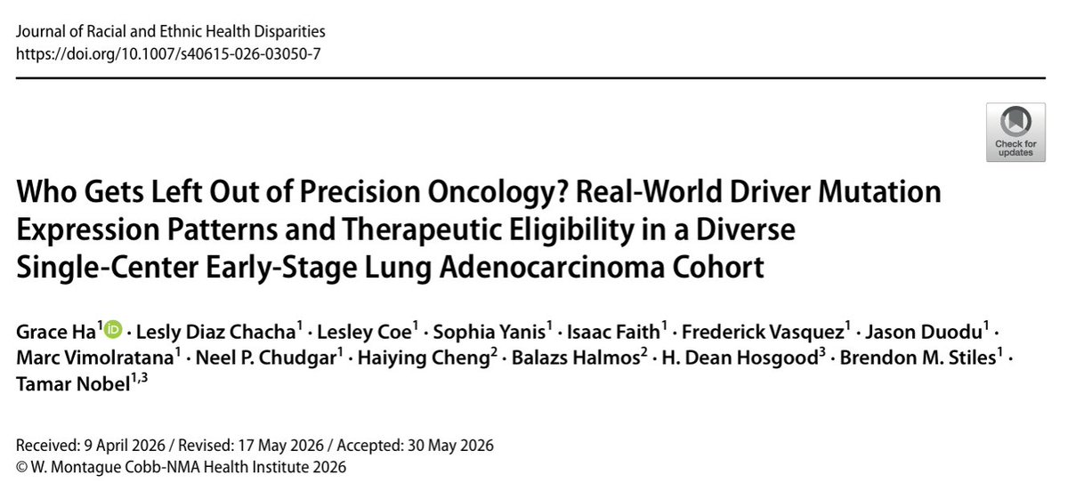 BrendonStilesMD's tweet photo. Proud to share our latest work from @MontefioreNYC @EinsteinMed examining molecular testing in early-stage lung adeno. Comprehensive NGS revealed important differences in EGFR &amp; KRAS subtypes in our diverse patient population, reinforcing why equitable testing and trials matter. https://t.co/YrwsMlKDpo