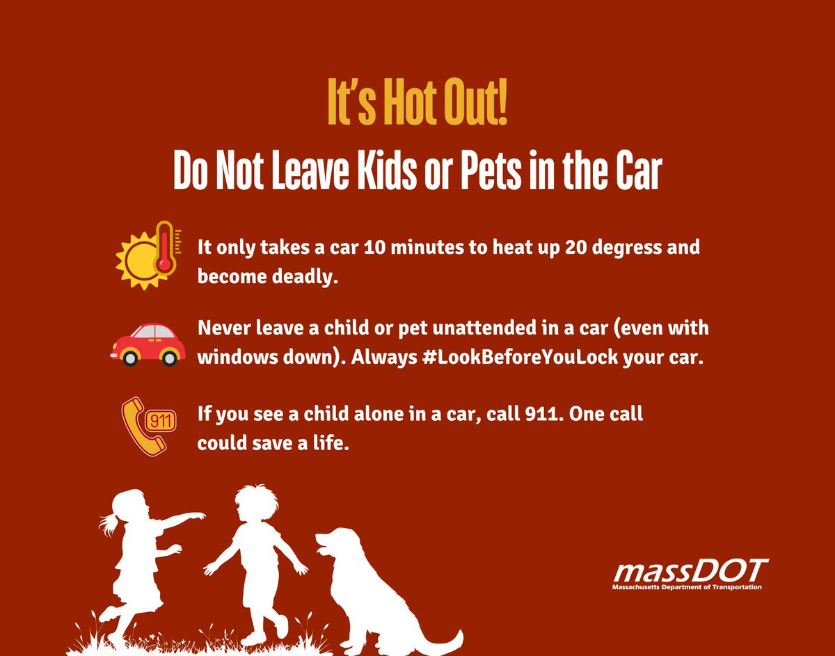 MassDOTSafety's tweet photo. Extreme Heat Warning in #MA this Wed to Sat! 

A parked car can become dangerously hot in minutes.

🚫 NEVER leave children, pets, or older adults alone in a vehicle, even for a short time!

✅ Look before you lock. Take everyone with you.
Stay cool and look out for each other! https://t.co/PrMswTEgLp