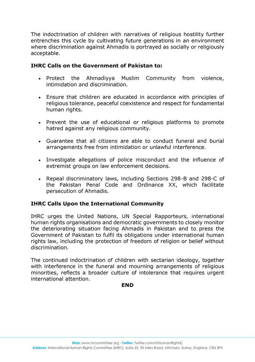 IHumanRightsC's tweet photo. PRESS RELEASE

Pakistan: Anti-Ahmadi Hatred Fuelled Through Indoctrination and Funeral Interference.

Disturbing incidents that demonstrate the continued persecution of the Ahmadiyya Muslim Community and the normalisation of sectarian hatred in Pakistan. https://t.co/6VyqJbYVKw