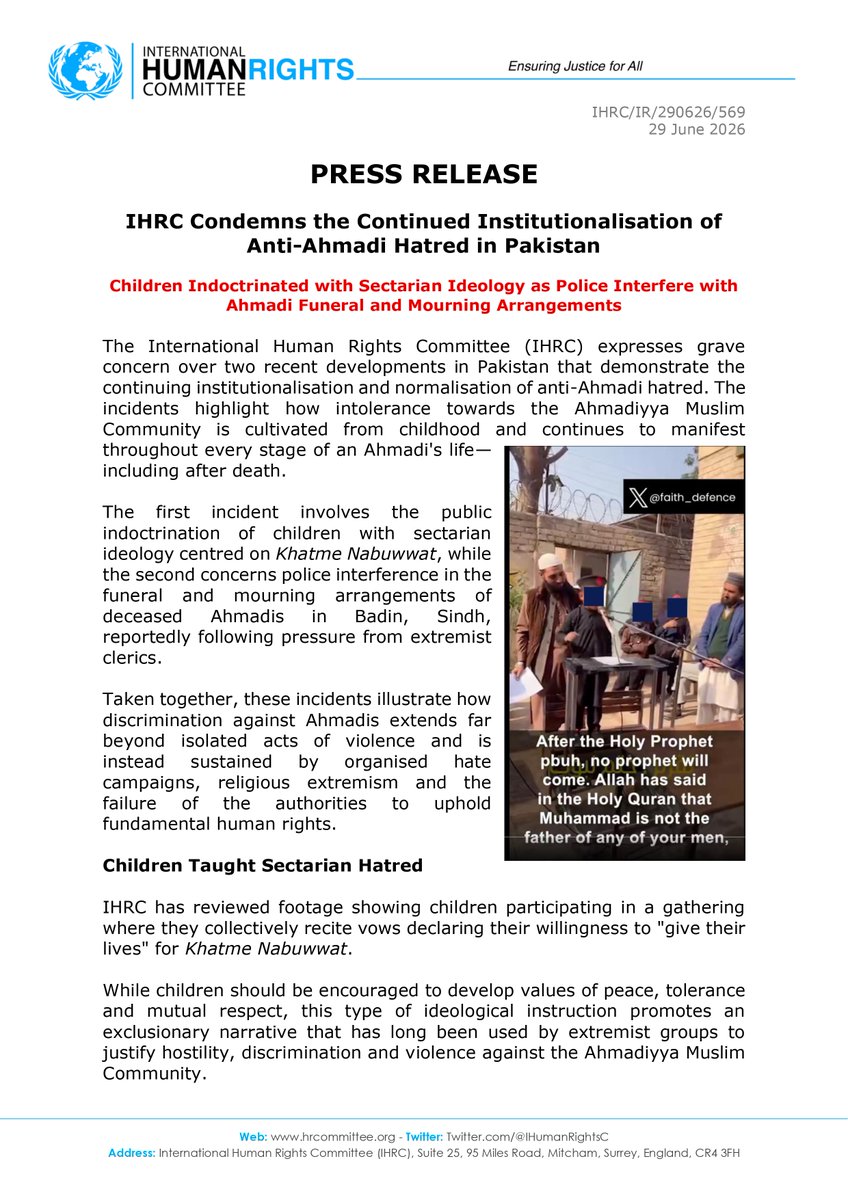 IHumanRightsC's tweet photo. PRESS RELEASE

Pakistan: Anti-Ahmadi Hatred Fuelled Through Indoctrination and Funeral Interference.

Disturbing incidents that demonstrate the continued persecution of the Ahmadiyya Muslim Community and the normalisation of sectarian hatred in Pakistan. https://t.co/6VyqJbYVKw