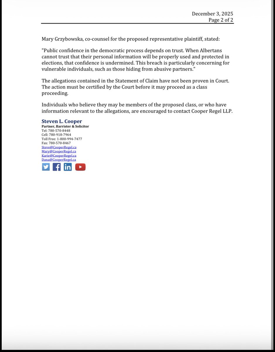 TheBreakdownAB's tweet photo. The voter list leak sees its first lawsuit! 

This press release announces the launch of a class action lawsuit against the government, the chief electoral officer, the centurion project, the Republican Party of Alberta and David Parker.

#abpoli #ableg #cdnpoli https://t.co/vwjo76UnA1