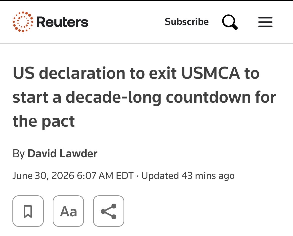 ryangerritsen's tweet photo. “U.S. President Donald Trump's administration is expected to formally declare on Wednesday that it will not extend the U.S.-Mexico-Canada Agreement on trade, starting a decade-long clock to wind down the 32-year-old ‌North American free trade zone as the three countries haggle over proposed changes”

Carney deserves to be held accountable for this. He played a huge roll in purposely sabotaging our relationship with the U.S.