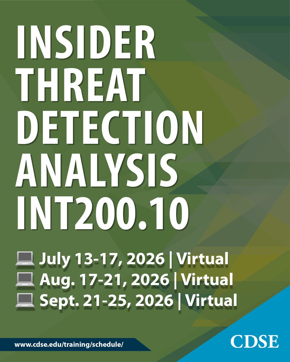 TheCDSE's tweet photo. Apply critical thinking skills and applicable structured analytic techniques to potential insider threat indicators. 

https://t.co/1FEZGsb20U

💻 July 13-17 | Virtual
💻 Aug. 17-21 | Virtual
💻 Sept. 21-25 | Virtual

#InsiderThreat #NationalSecurity #CDSE #DCSA https://t.co/0E23IN9K98