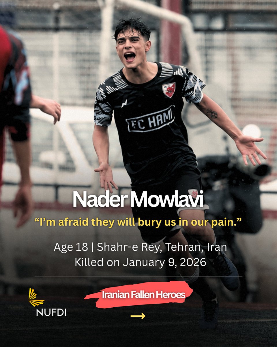 NUFDIran's tweet photo. On Jan. 8–9, Iranians took to the streets en masse demanding an end to the Islamic Republic. The regime massacred tens of thousands of them.

18-year-old Nader Mowlavi, a youth football player, was one of them. This is a glimpse into his story.
#نادر_مولوی https://t.co/5Xf3YeeG5S