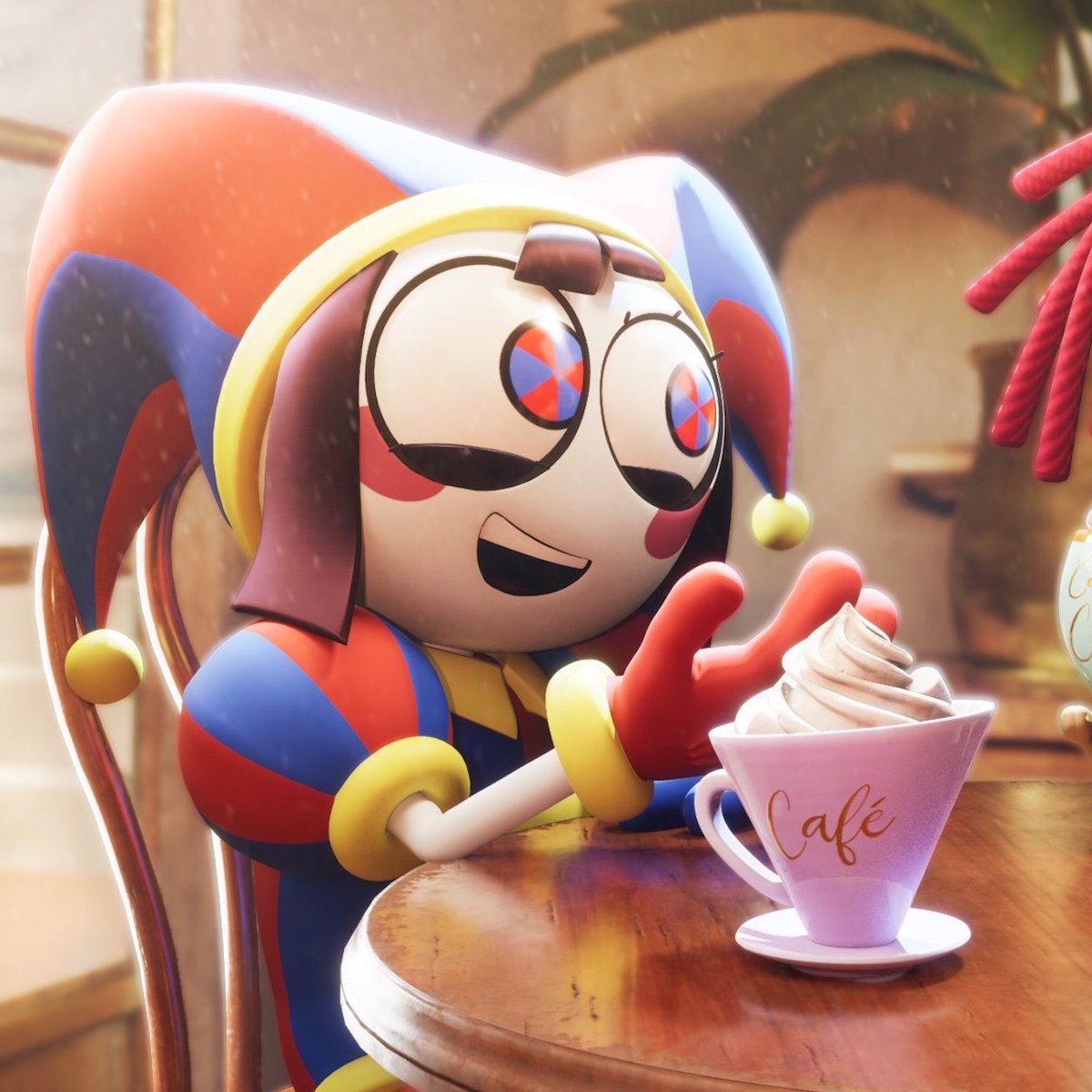andfuckjax's tweet photo. first, pomni plays the keyboard piano, lays down on the same couch, and now the same mug….shes not getting over jax https://t.co/OUj6Zkxuhc