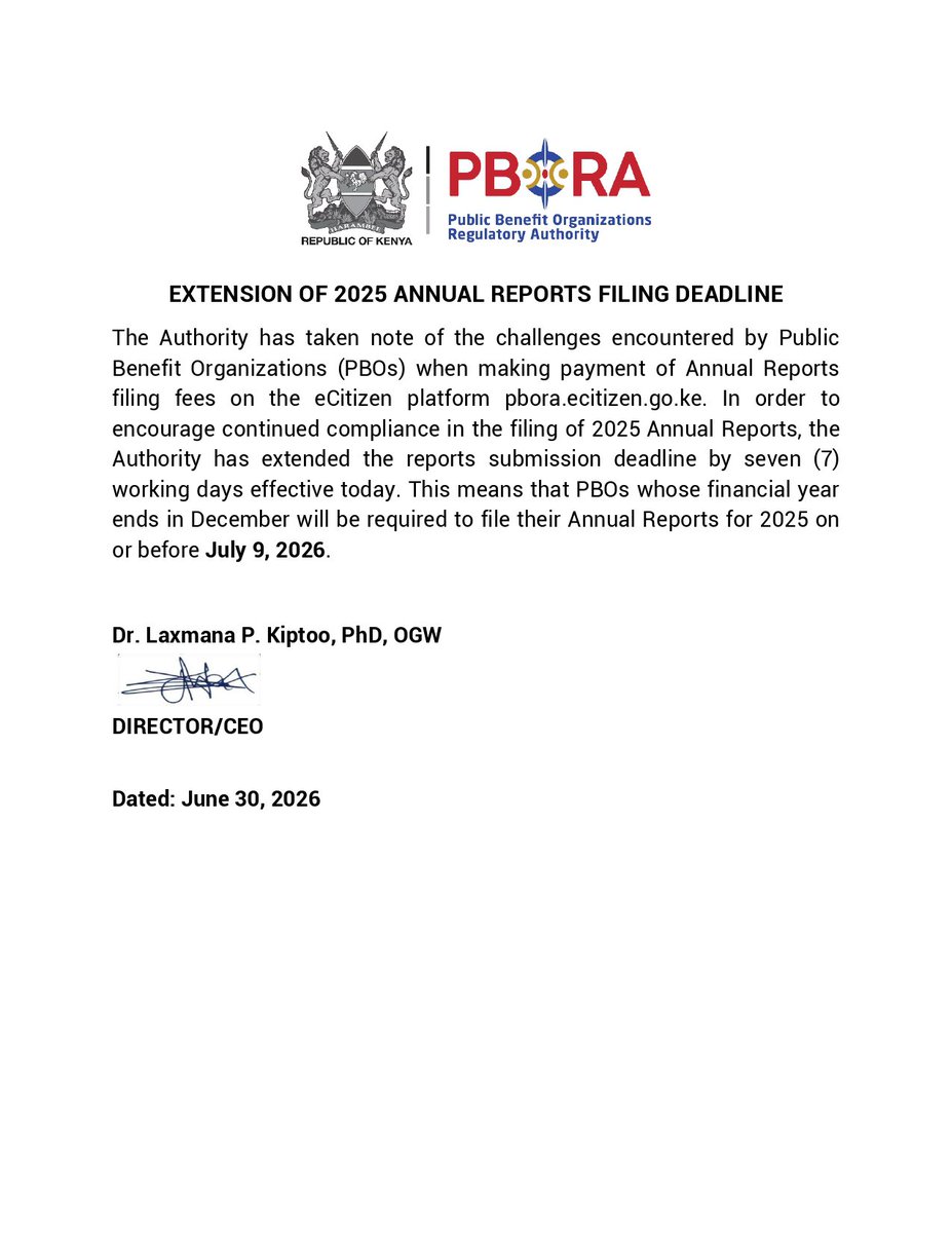 PBO_RA's tweet photo. Relief for PBOs as Authority extends the deadline for filing of 2025 Annual Reports. https://t.co/5iGf0Lof2g