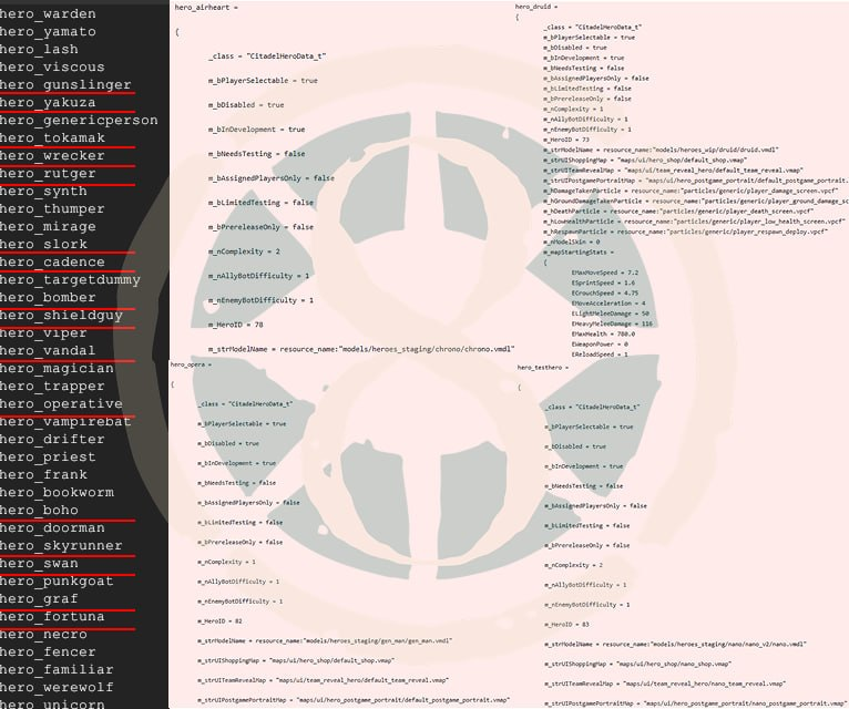 deadlock_8's tweet photo. ‼️ Airheart, Druid, Opera, and testhero have been removed from the game.

In today's update, they were deleted permanently, but the other heroes were left untouched (highlighted in the screenshot).

This can only mean two things:
1. The heroes were renamed in the test build and then added (and simply cut from our version).
2. The heroes were completely removed from the game, and that's it.