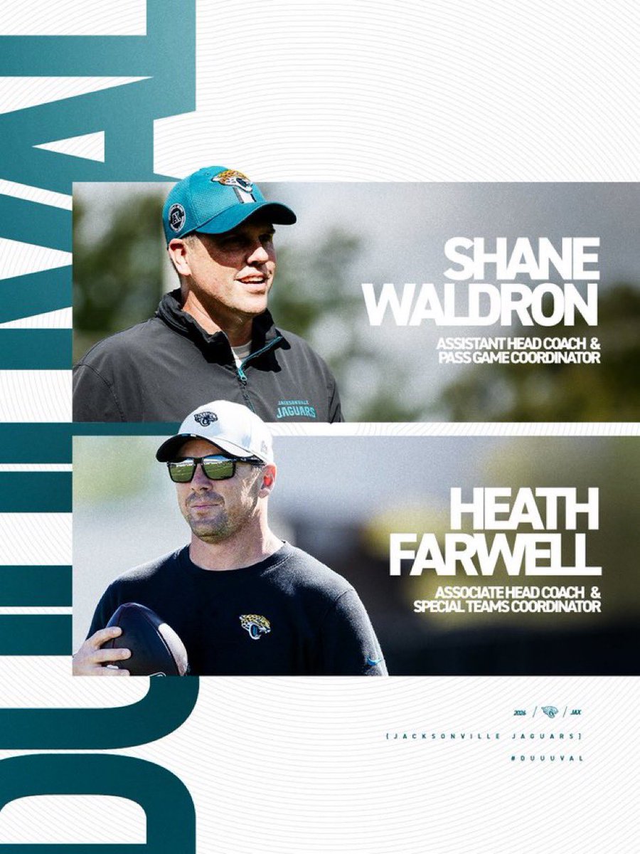 AdamSchefter's tweet photo. Jaguars announced football promotions for Shane Waldron, who is now the Assistant Head Coach/Pass Game Coordinator, and Heath Farwell, who is now the Associate Head Coach/Special Teams Coordinator. https://t.co/8f9ovfRDWM