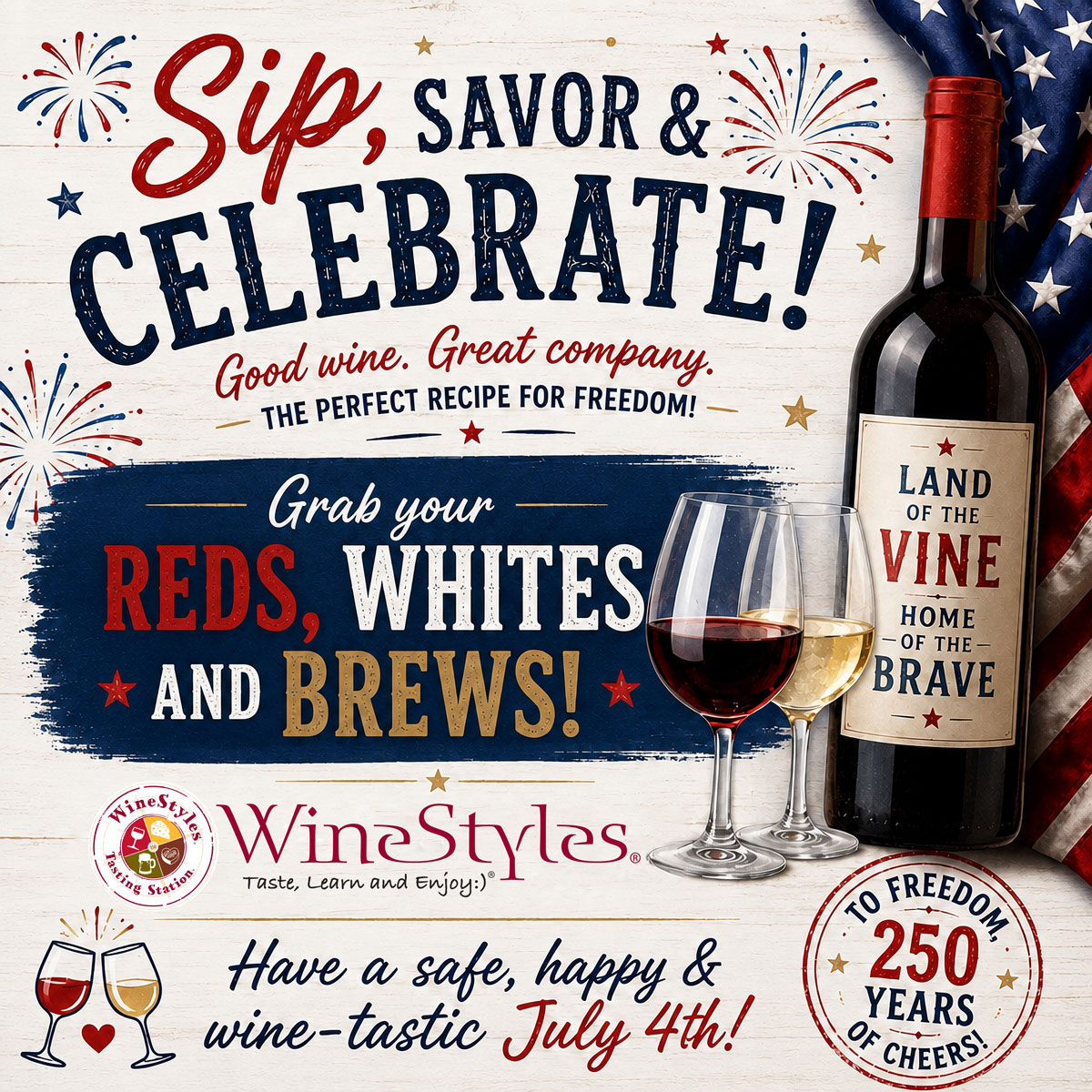 WineStylesStore's tweet photo. ๐ฝ๐บ๐ธLet freedom pour!๐ทStock up for an amazing weekend - reds for the grill๐, whites for the chill๐ง, and brews to keep the party "hopped"๐บ! Cheers to another 250 years! #July4th #HappyJuly4th #BBQready #RedWhiteBlue #RedsWhitesAndBooze #RedWhiteAndBrews #WineStyles https://t.co/BHfqyUI2jH