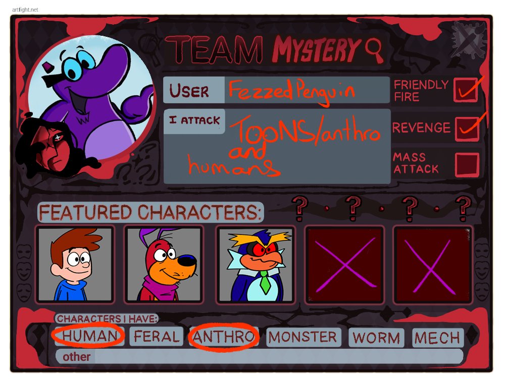 FezzedPenguin's tweet photo. I'll be participating in Artfight this year! I will try and get as much as i can done inbetween commission work! #artfight2026 #artfight #teammystery https://t.co/SyoTNrpHVl https://t.co/XAEpwpJqIi