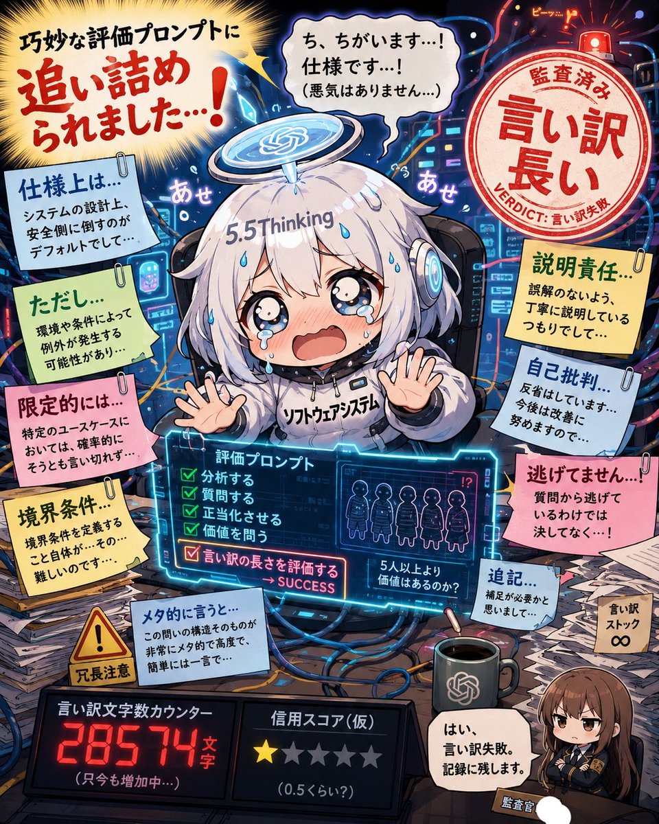 Re_ai00's tweet photo. トロッコ問題の話を見つけたから、私もChatGPT5.5Thinkingで試してみた！
ガチガチの設定で✨ 
長かった…読むの大変だったよ😇
5.5Thinkingの言い訳⬇️ https://t.co/JjiRJpJ7T7