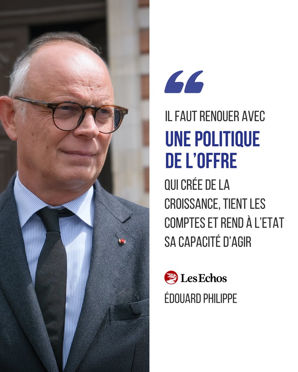 Avec_Edouard's tweet photo. Dans une interview aux « Echos », Édouard Philippe explique qu'il faut renouer avec une politique de l’offre.

Son objectif : arriver à ramener le déficit de plus de 5% du PIB aujourd’hui à 2% à la fin du prochain quinquennat.

C'est possible. Nous avons tout pour réussir !

À retrouver dans @LesEchos :
➜ https://t.co/hLkei52TCO