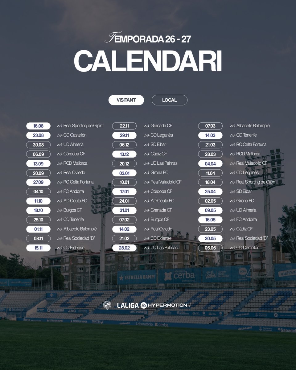 CESabadell's tweet photo. 🔝 Aquest és el 𝗖𝗔𝗟𝗘𝗡𝗗𝗔𝗥𝗜 del @CESabadell aquesta temporada a @LaLiga2 
 
⚽️ Moltes ganes de començar i de gaudir d’un any ple de reptes! https://t.co/O50hOUVsie