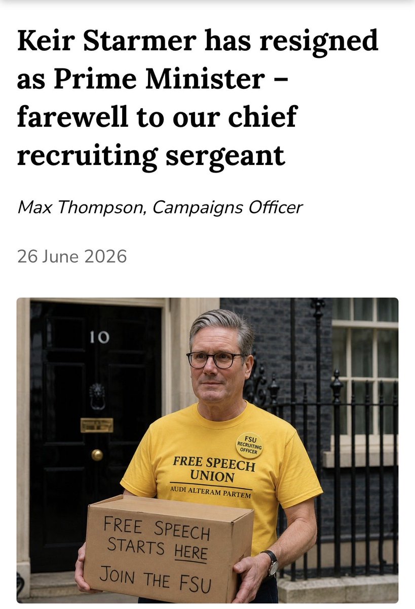 SpeechUnion's tweet photo. Sir Keir Starmer has resigned — farewell to our chief recruiting sergeant.

Since coming to power in July 2024, Sir Keir has led the most authoritarian government in more than a generation, unleashing an unprecedented assault on free speech. Indeed, he seemed determined to make social media censorship his legacy and tried desperately — at breakneck speed — to curb our ancient right to trial by jury.

Starmer has been a more successful recruiting sergeant for the Free Speech Union than a Prime Minister. Before the 2024 election, our membership stood at 14,000. Today, it exceeds 45,000.

But there is little reason to believe things will improve under his likely successor, Andy Burnham. It was reported over the weekend that he is taking soundings from actor Hugh Grant about Leveson 2.0 and bringing the free press under state regulation.

Josh Simons — the former MP for Makerfield, who stepped down for Burnham, and the former head of Labour Together — is set for a plum job in Downing Street. The FSU recently exposed the shadowy Labour Misinformation Mafia that targeted journalists and others who challenged Starmer’s technocratic managerialism.

Andy is also keen to press ahead with Starmer’s draft Conversion Therapy Ban Bill, which would criminalise parents who ‘misgender’ their confused adolescent children or withhold consent for them to embark on irreversible medical pathways.

Sir Keir gave off a curtain-twitching, head-of-compliance vibe that put the fear of God into anyone who cares about free speech, while Andy Burnham is a bit more blokeish. But we expect the King of the North to start wearing the authoritarian lanyard over his Everton top within days of taking power.

Read more from FSU Campaigns Officer @MaxHThompson 👇