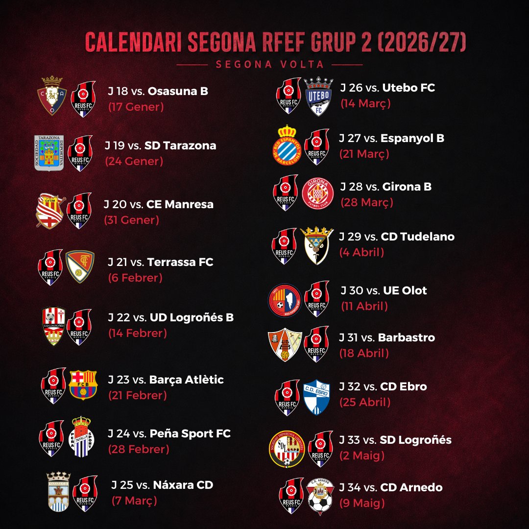 AndreuRauet's tweet photo. 📅 Paper i boli, pren nota del calendari de Segona Federació 26/27 del @ReusFCR 👇

Com el veieu? Algun partit que us faci especial il·lusió?👀 https://t.co/n9Ppoj2EGO