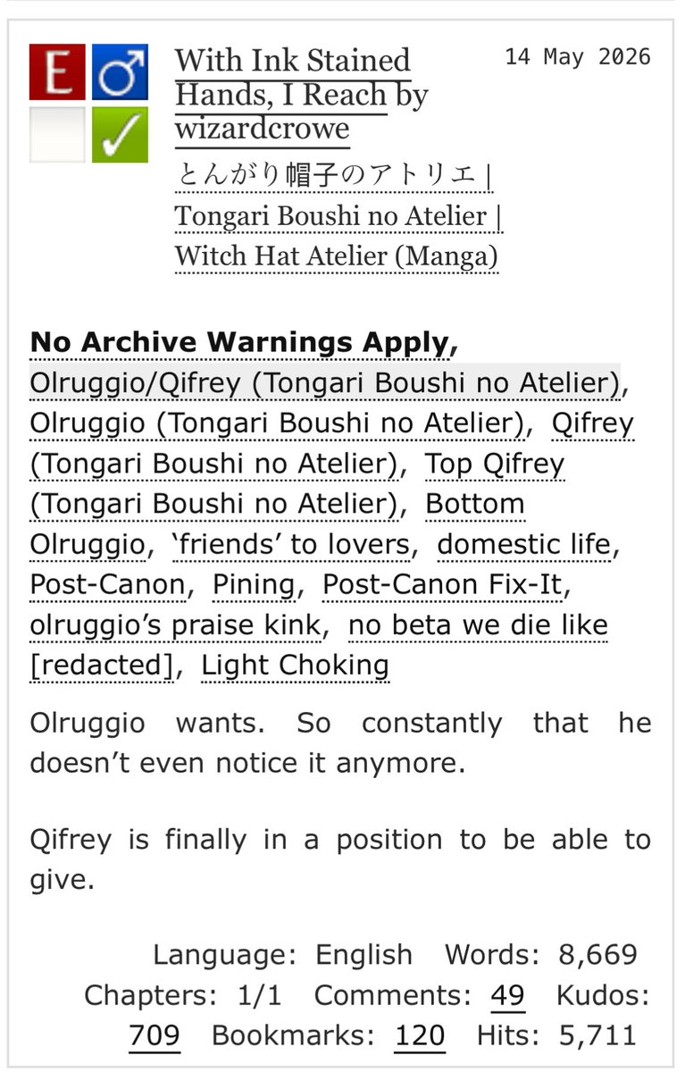 JuLilimolia's tweet photo. [QiOlru Fanfic rec #79] With Ink Stained Hands, I Reach
By wizardcrowe

Olruggio wants. So constantly that he doesn’t even notice it anymore.
Qifrey is finally in a position to be able to give.

https://t.co/92hVo6WbNT

#キーオル #QiOlru https://t.co/bJOoZ7aNkh