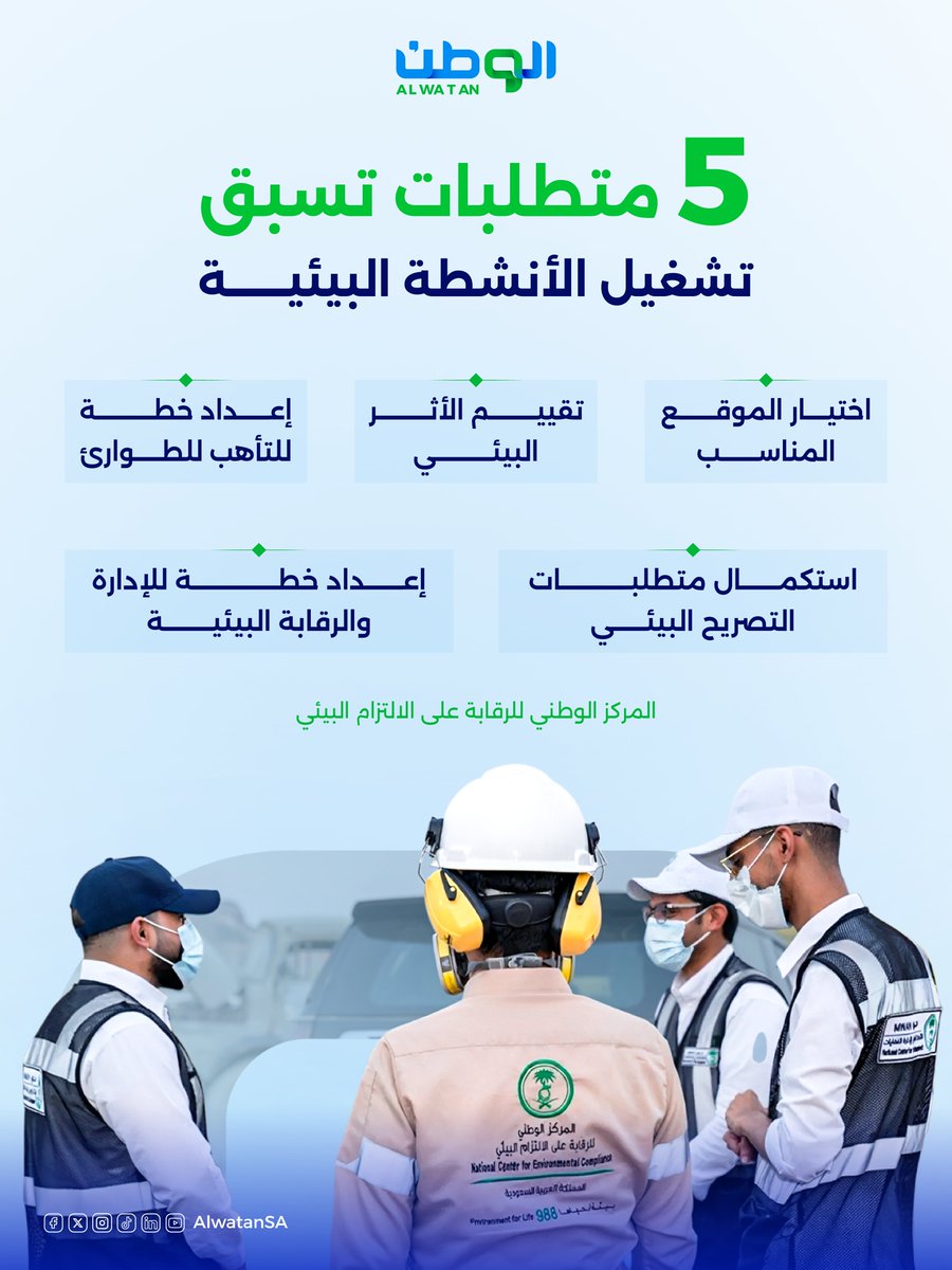 AlwatanSA's tweet photo. 5  متطلبات أساسية تسبق تشغيل الأنشطة ذات الأثر البيئي لضمان حماية البيئة والالتزام بالاشتراطات النظامية https://t.co/vrnOT4Slsw