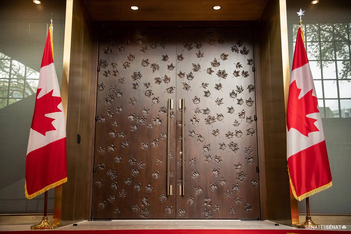 SenateCA's tweet photo. The maple leaf is Canada’s most cherished symbol.

The Red Chamber in the Senate of Canada Building is where senators representing Canada’s regions meet to debate legislation and issues of importance to Canadians. It is decorated with designs inspired by the leaves of all ten species of maple native to Canada.

These motifs appear in glass panels, are etched into wall panels and are woven into the Chamber’s carpet.

#SenCA