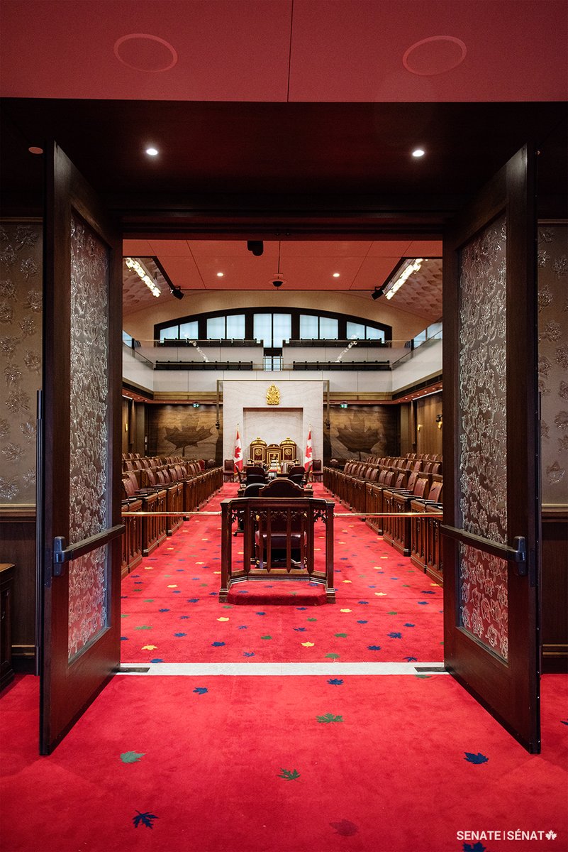SenateCA's tweet photo. The maple leaf is Canada’s most cherished symbol.

The Red Chamber in the Senate of Canada Building is where senators representing Canada’s regions meet to debate legislation and issues of importance to Canadians. It is decorated with designs inspired by the leaves of all ten species of maple native to Canada.

These motifs appear in glass panels, are etched into wall panels and are woven into the Chamber’s carpet.

#SenCA