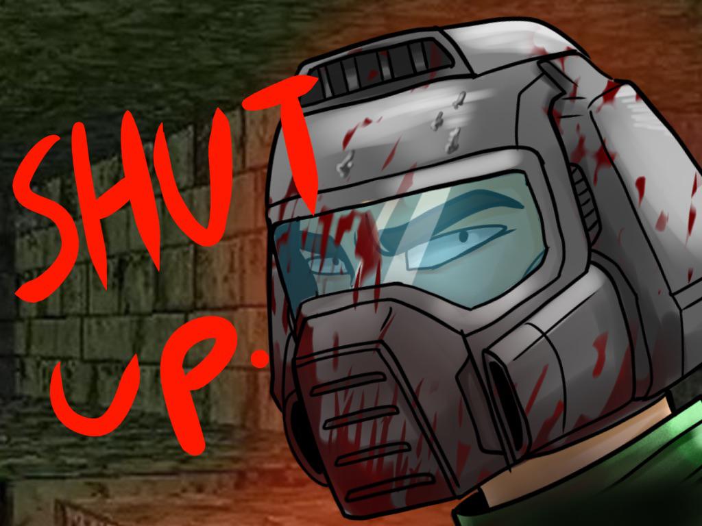 boomshootart's tweet photo. Doomguy tells you to shut up.

Doom art by @Kamuiis_tail / Sonata_x6 https://t.co/9TESlIyM6i