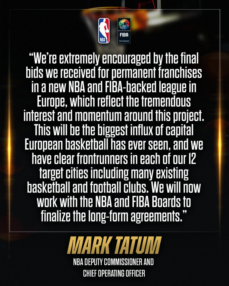 NBA's tweet photo. NBA Deputy Commissioner and COO Mark Tatum provides an update on the NBA and FIBA's plans for a new league in Europe: https://t.co/XdhlWketdb