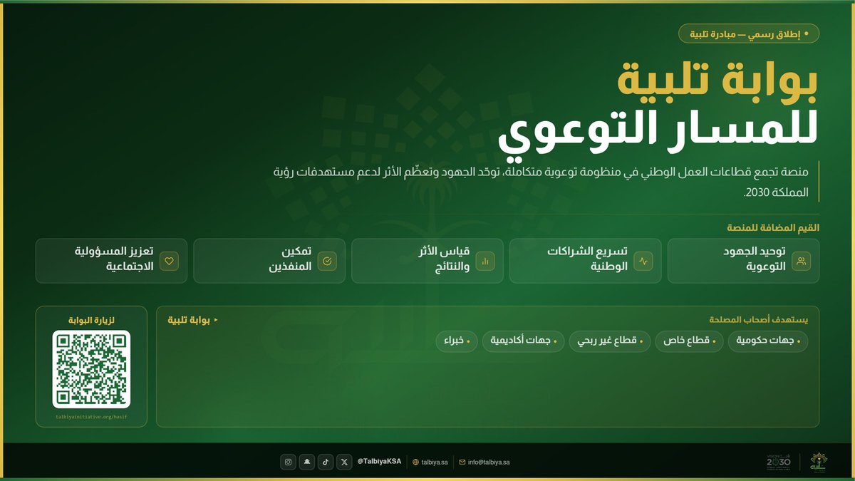 TalbiyaKSA's tweet photo. 🟢 إطلاق رسمي

#بوابة_تلبية للمسار التوعوي

منصة تجمع قطاعات العمل الوطني في منظومة توعوية متكاملة، توحّد الجهود وتعظّم الأثر لدعم مستهدفات #رؤية_2030

🔗 https://t.co/8W0338lAcc

#مبادرة_تلبية
 #المسار_التوعوي https://t.co/z9UW8auRMf