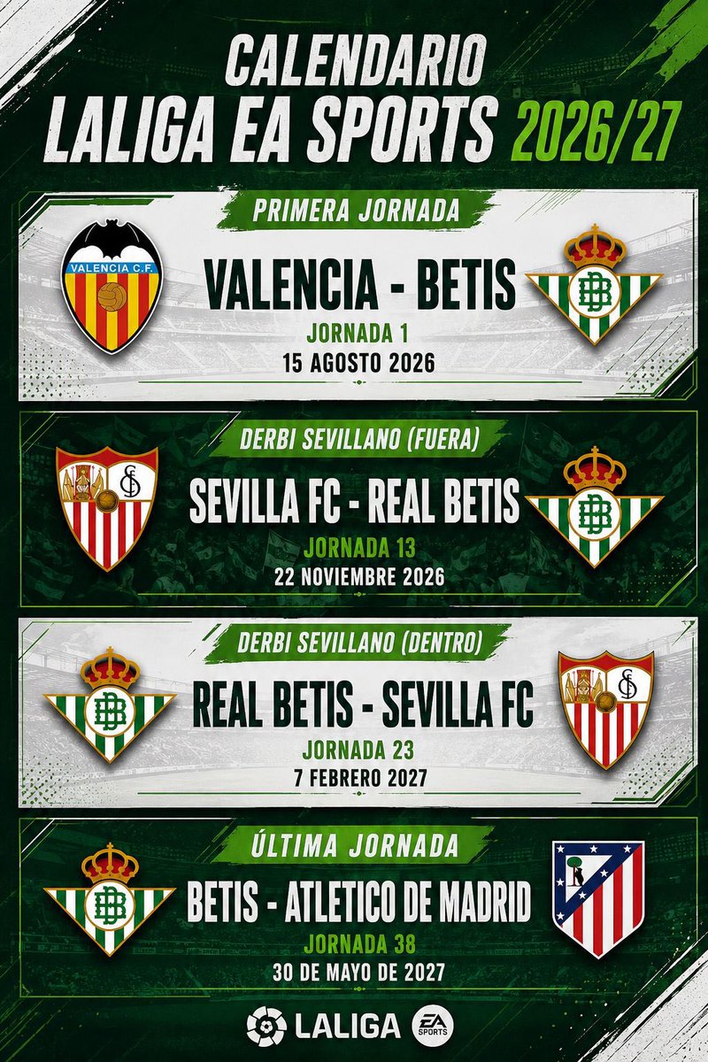 Coliseovb's tweet photo. ‼️ El #RealBetis ya conoce el calendario de LaLiga.
Estas son las fechas de la primera y última jornada, además de #ElGranDerbi de ida y de vuelta. https://t.co/ijQhiIbcVv