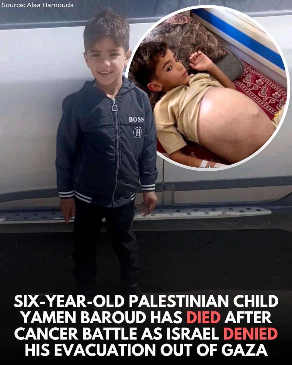 WearThePeaceCo's tweet photo. Six-year-old Palestinian child from Gaza, Yamen Baroud, has been killed by Israel after they denied his medical evacuation out of Gaza. 

For months, Yamen fought for his life as cancerous tumors caused rapid, life-threatening deterioration. He is one of thousands in Gaza who are being killed by Israel through the prevention of medical care.