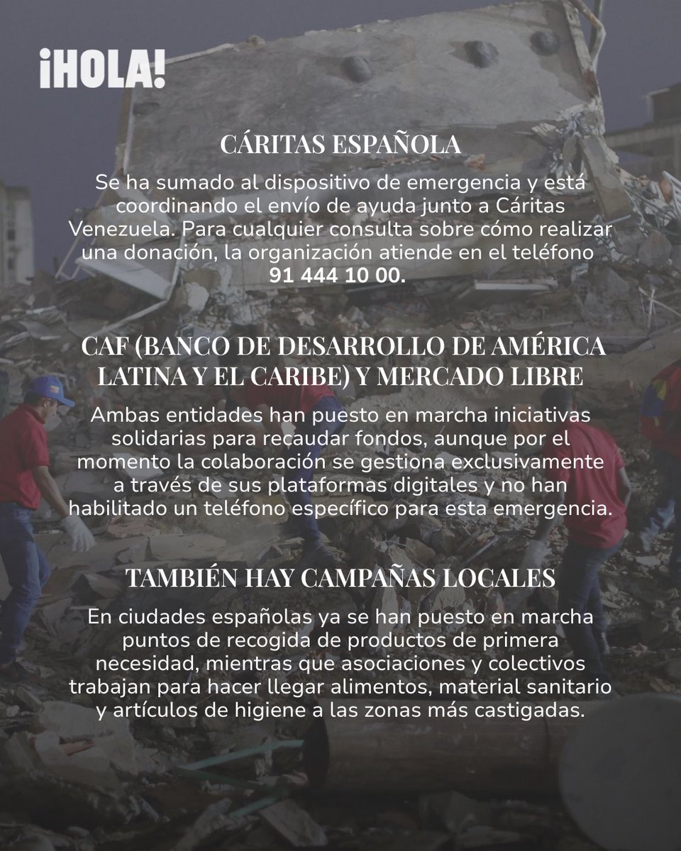 hola's tweet photo. Cómo ayudar a las víctimas del terremoto de Venezuela desde España 🇪🇸 🇻🇪

La devastación causada por los terremotos en Venezuela ha movilizado una ola de solidaridad ❤️‍🩹. Mientras continúan las labores de rescate, varias organizaciones humanitarias ya han activado campañas para canalizar la ayuda hacia las personas afectadas 🫂

Los expertos recomiendan colaborar únicamente a través de entidades reconocidas que trabajan sobre el terreno o coordinan la asistencia con las autoridades y organismos internacionales 🌍

Estas son algunas de las organizaciones que ya están actuando y en https://t.co/40lynEiyrK 🔗 te contamos en detalle cómo puedes ayudar y otras formas de colaborar.

#venezuela #terremoto #colabora