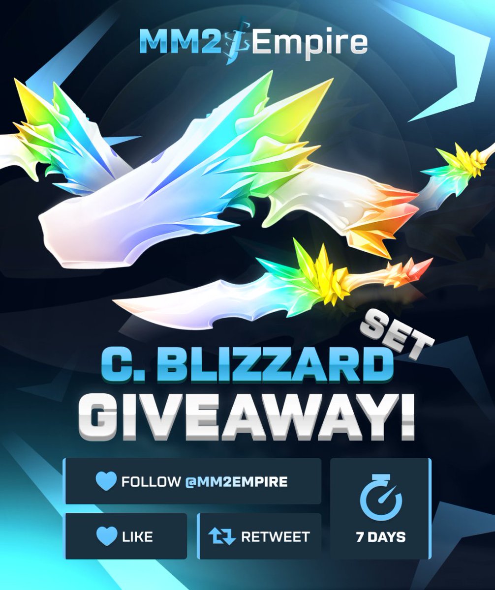 mm2empire's tweet photo. ❄️Chroma Blizzard Set Giveaway

We're giving away a C. Blizzard Set (Gun + Knife) to one lucky winner this week! 🎉

Steps to join!👇

✅Follow @mm2empire 
✅Retweet
✅Like

Winner announced in 7d https://t.co/ntGQFvk4Vl