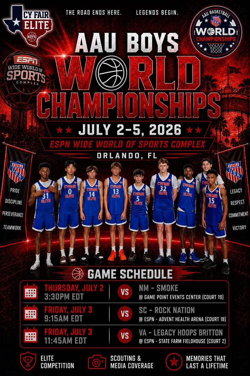cy_htx's tweet photo. Florida here we come @AAU_Basketball 
World championship 
#BeElite #CyFairElite #Culture https://t.co/ZQQm5MTovn