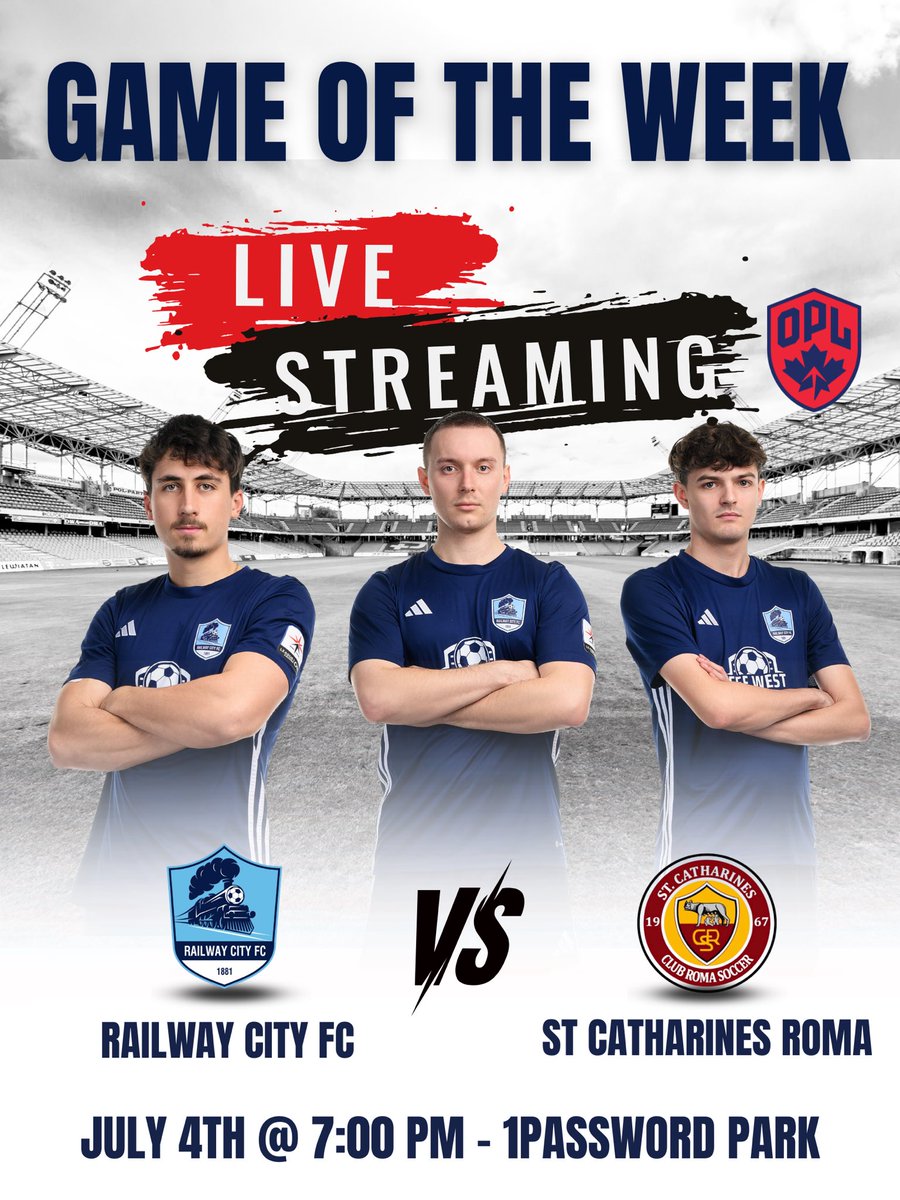 RailwayCityFC's tweet photo. 📢 OPL3 GAME OF THE WEEK - LIVE STREAMING 

Can’t make it to the game? No problem, it will be live streamed @ontarioplsoccer 

🗓️ July 4th
⏰ 7:00pm
🏟️ 1password Park

Don’t miss out on this match up 🆚 @ClubRomaSoccer 

🔗 https://t.co/UbC5CjZhn0

@ontarioplsoccer https://t.co/xR8ECrxQ54