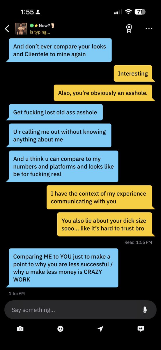 HungDTW's tweet photo. Any tips for dealing with internet trolls who are full of hate?

Blocked him on grinder so then he came for me in my DMs and, now, from a backup account. 

Note: I did call him out for lying about his OF income and dick size. 🫠 https://t.co/JJ27lCA42e