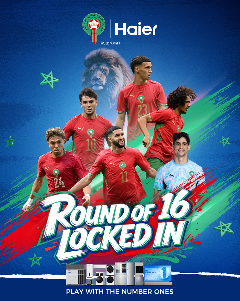 IndiaHaier's tweet photo. 🦁 The Atlas Lions advance to the next stage! Glory keeps rolling.
💪 Haier backs every bold stride with reliable all-scene comfort.
🏆 Let’s cheer for Atlas Lions' brilliant journey ahead!
#Haier #MajorPartner #Football #PlayWithTheNumberOnes #MoreCreationMorePossibilities https://t.co/z4j3Nr8tJC