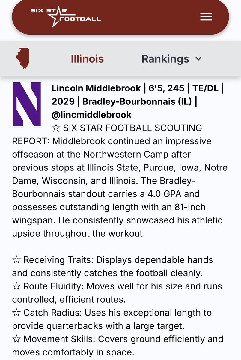 lincmiddlebrook's tweet photo. Thanks @sixstarfootball for the feedback! Work doesn’t stop! @NUFBFamily @NUFBRecruiting @NUBicknell @PetersNUFB @NUBBallRecruit @zmart_15 @JeromeTgrey @EDGYTIM @RecruitingBBCHS @B1Gfootball @PrepRedzoneIL @AllenTrieu https://t.co/2pK6IZJr8o
