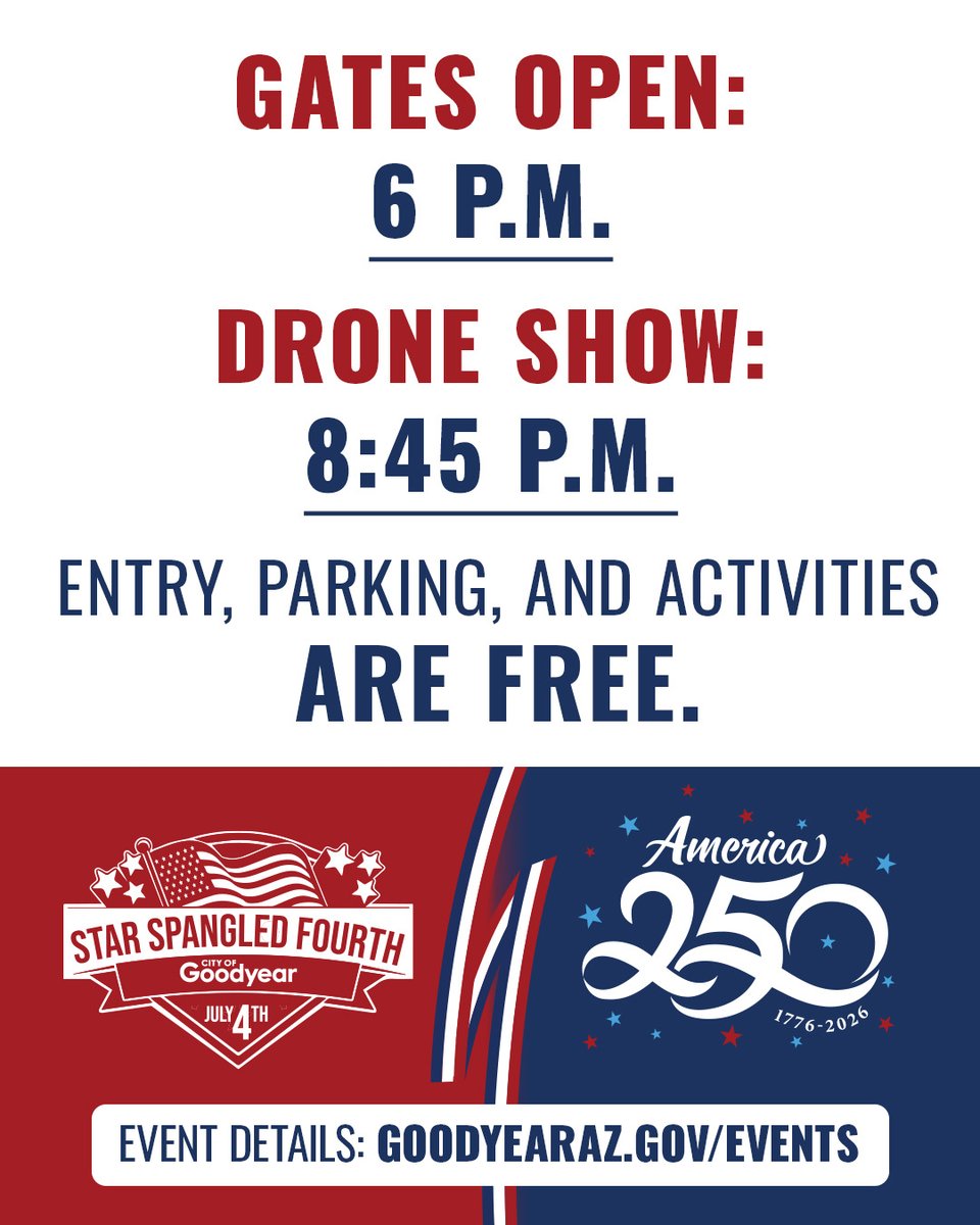 GoodyearBP's tweet photo. We're ready to see you on Saturday for Star Spangled Fourth.
Event info: https://t.co/bafgg5gj8D
 #FourthOfJuly #DroneShow #GoodyearAZ https://t.co/0qgy2kUb3e