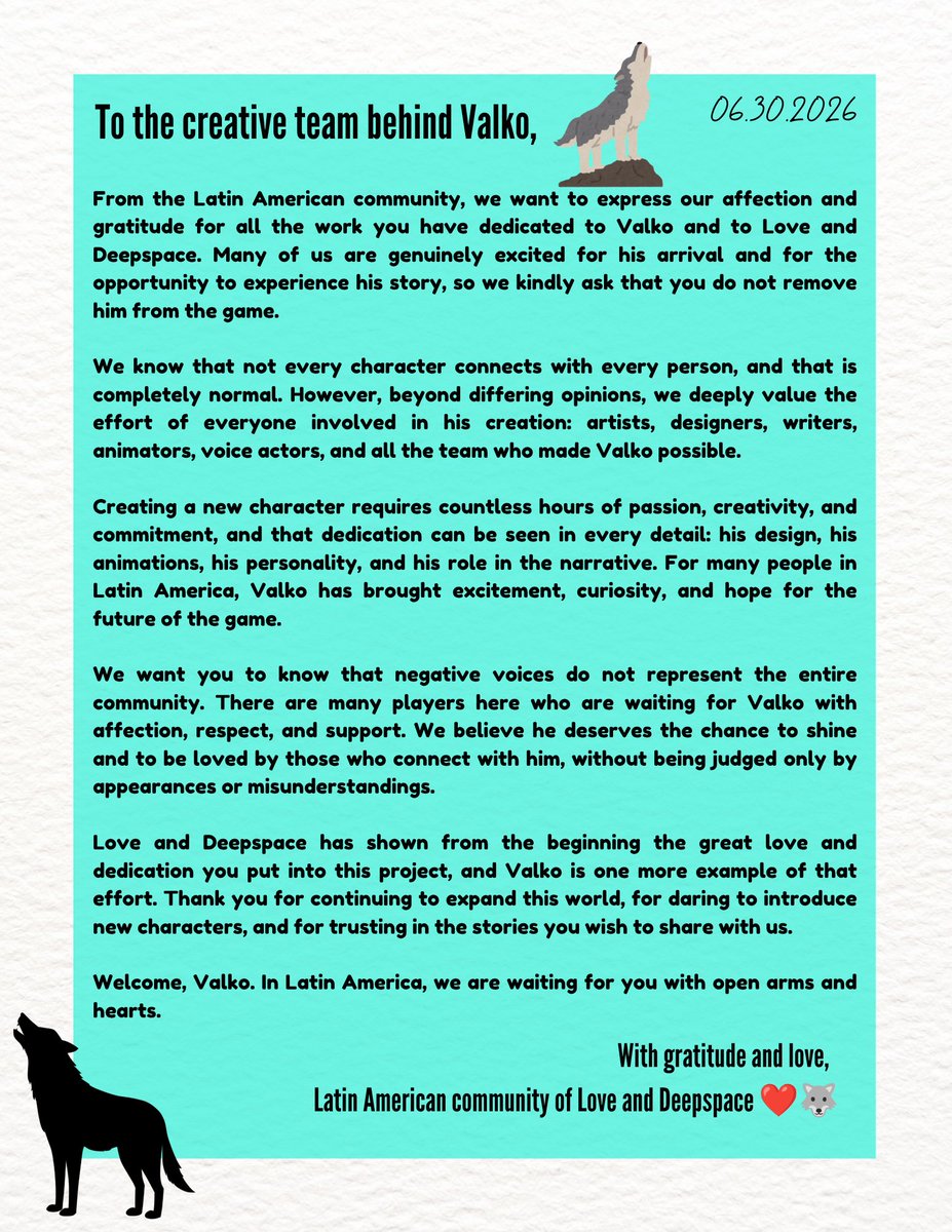 VicLoveSylus's tweet photo. Juntando varios mensajes por parte de la Comunidad Latinoamericana 

Me di la tarea de crear cartas para el equipo creativo de Valko

La verdad es un mensaje de apoyo, tanto para las Fans, como para el equipo

#Valko #BringValkoBack #JusticeForValko #恋与深空 #敖尹 https://t.co/mloet02qxK