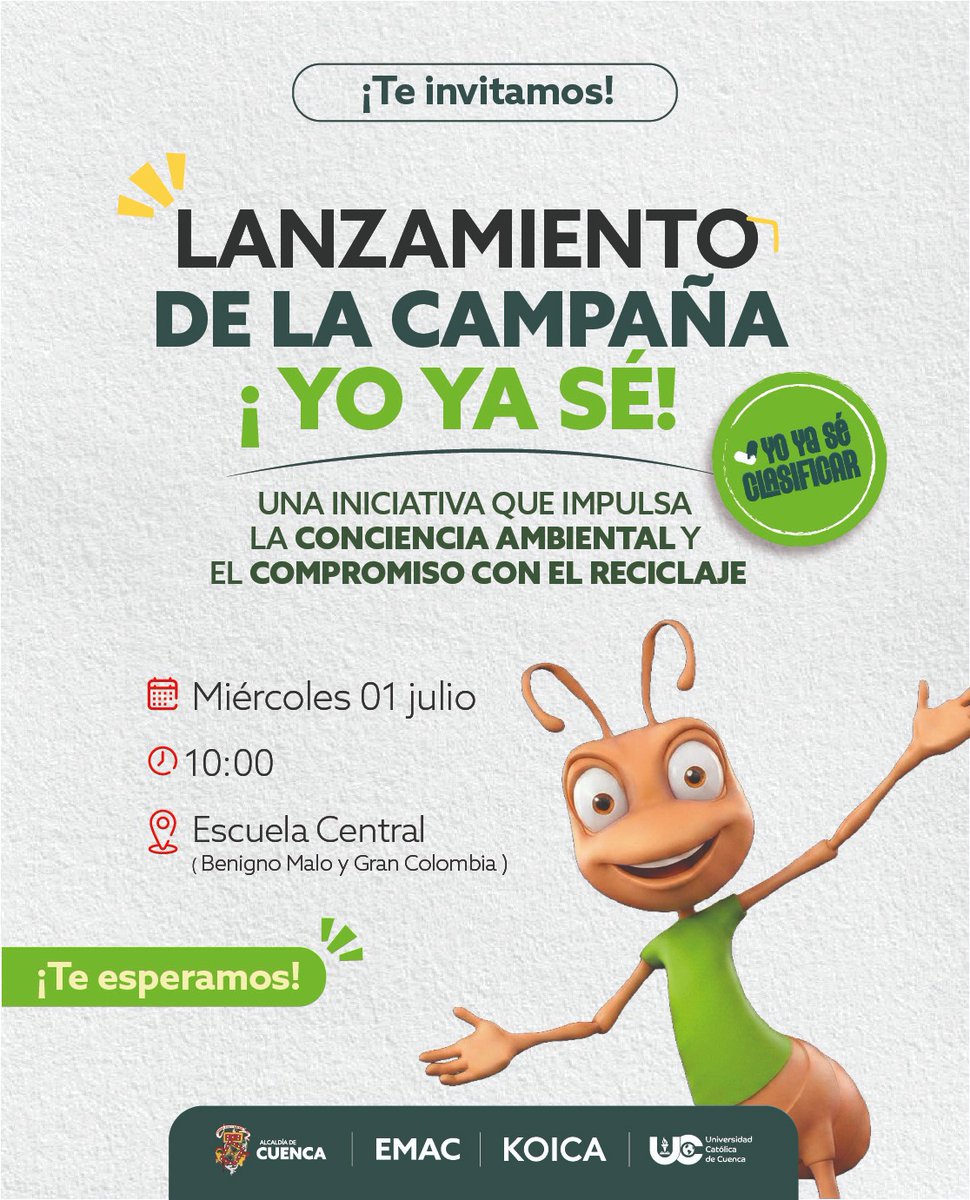 emac_ep's tweet photo. ♻️ Te invitamos al lanzamiento “¡YO YA SÉ!: Reducir, Reutilizar y Reciclar”

EMAC | KOICA | Universidad Católica de Cuenca

💚 ¡No te lo pierdas!

#AmorPorCuenca ❤️💛
@MunicipioCuenca https://t.co/W4NoPjsmT0