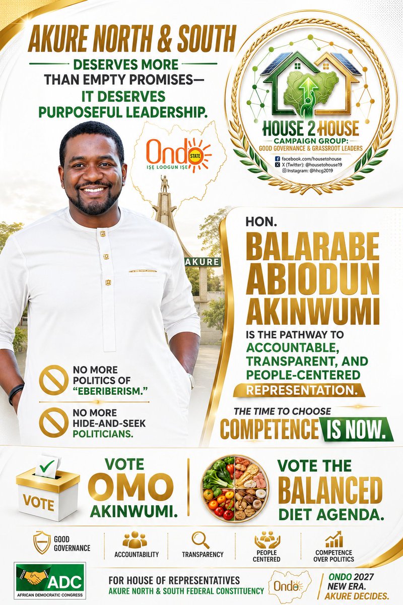 HouseToHouse19's tweet photo. Akure North &amp; South deserves more than empty promises—it deserves purposeful leadership.

Hon. Balarabe Abiodun Akinwumi is the pathway to accountable, transparent, and people-centered representation.

🚫 No more politics of "Eberiberism."
🚫 No more hide-and-seek politicians. https://t.co/nkrlFdaGNX