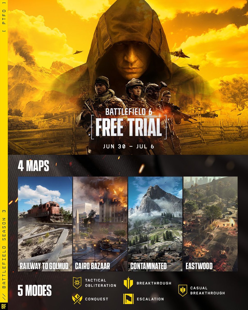 BF6_Central's tweet photo. 🎮 BATTLEFIELD 6: FREE TRIAL IS NOW LIVE! 🎮

Jump into the action from June 30 to July 6! Play for FREE and experience Season 3 right now:

🗺️ 4 Massive Maps (including Cairo Bazaar) 💥 5 Intense Game Modes
#Battlefield6 #BF6 #FreeTrial https://t.co/5qk8lyUxk5