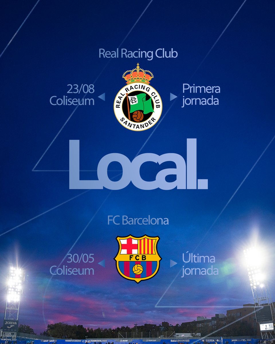 GetafeCF's tweet photo. 🏟️❤️‍🔥 𝐄𝐥 𝐂𝐨𝐥𝐢𝐬𝐞𝐮𝐦 𝐚𝐛𝐫𝐞 𝐲 𝐜𝐢𝐞𝐫𝐫𝐚 la temporada 2026/2027 con: 

⚽ 𝐉𝐨𝐫𝐧𝐚𝐝𝐚 𝟐 🆚 @realracingclub 

⚽ 𝐉𝐨𝐫𝐧𝐚𝐝𝐚 𝟑𝟖 🆚 @FCBarcelona_es  

🥰 ¡Qué ganas de vernos, Azulones! https://t.co/fDneV7dlU8