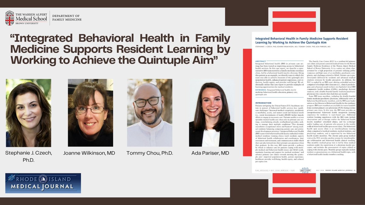 BrownFamMed's tweet photo. In this case report, Brown Family Medicine faculty and an alumni demonstrate how an integrated behavioral health (IBH) team within a #FamilyMedicine residency clinic can improve patient care while advancing the quintuple aim: better population health, enhanced patient experience, lower costs, greater health equity, and improved provider well-being.

Check out the full report here: https://t.co/VuiqdJsyup