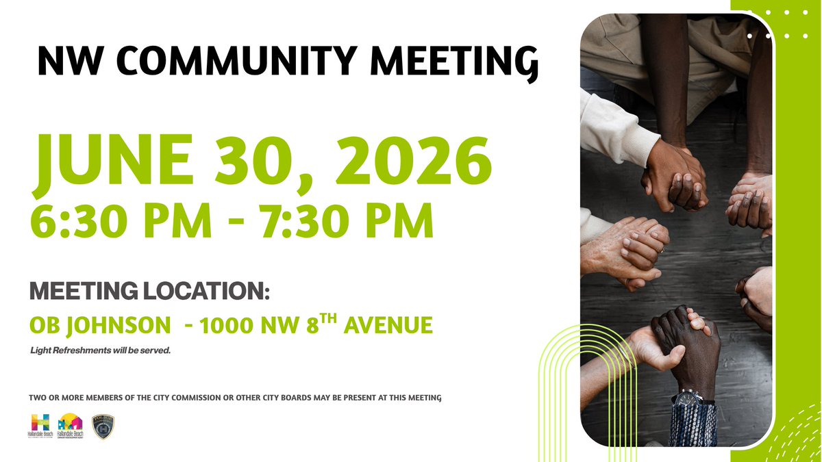 MYHBeach's tweet photo. Reminder: Join us today at 6:30 p.m. at OB Johnson Park for the NW Community Meeting.

We’ll share City and CRA updates, discuss enhanced public safety initiatives, and highlight beautification and community improvement programs available to you and your neighborhood. https://t.co/FhiPEJZStF