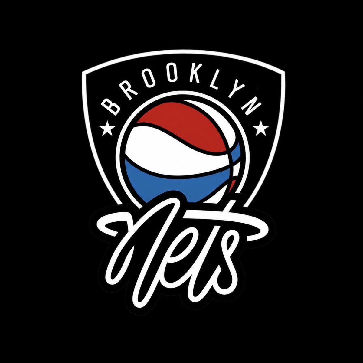 MattBS26's tweet photo. Two primary logo ideas, one with the shield and one with the circle, the two stars represent the two states that the Nets have played in (New Jersey and New York) and the nets script logo mimics the rim and net used on the old New Jersey logo https://t.co/zisBB9jYzB