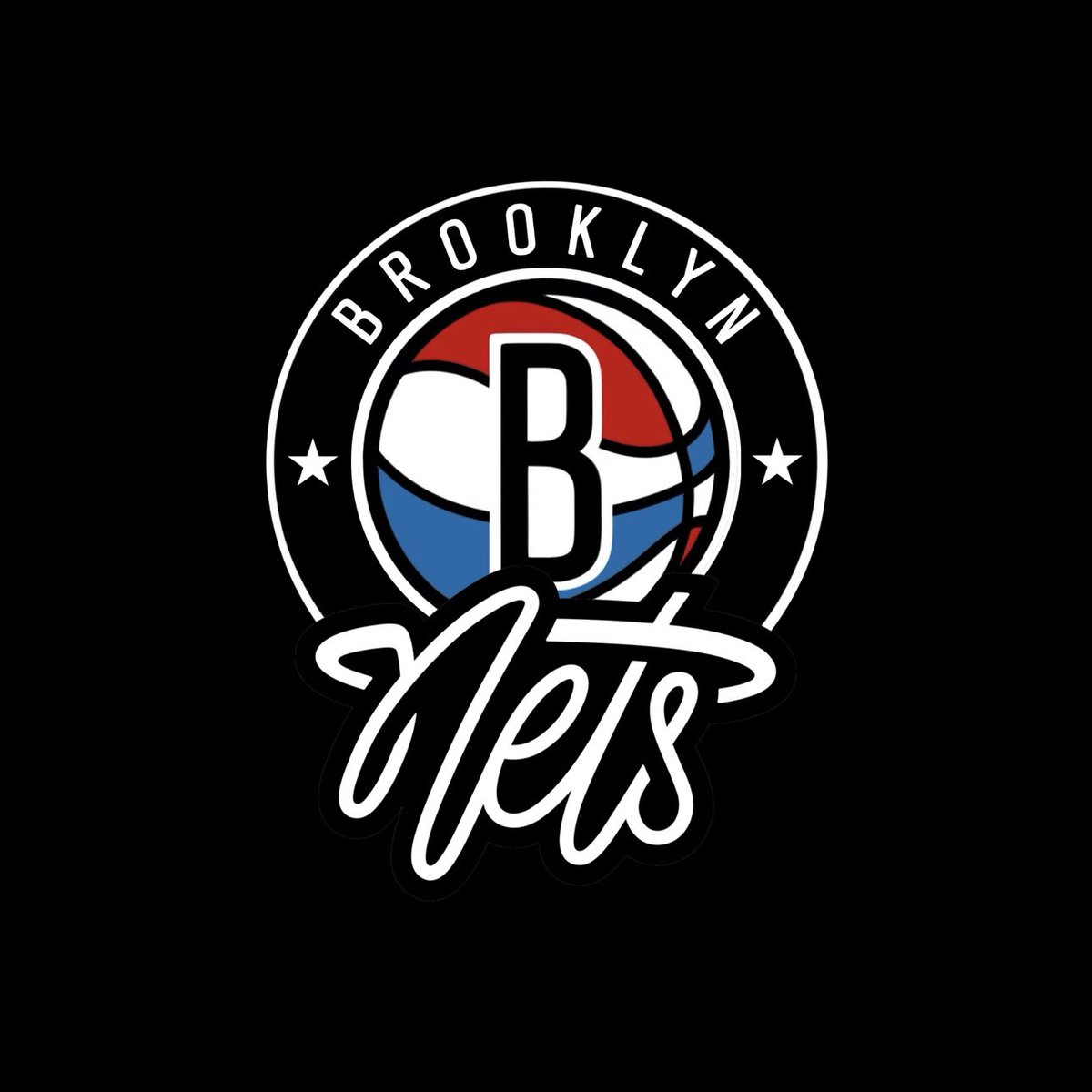 MattBS26's tweet photo. Two primary logo ideas, one with the shield and one with the circle, the two stars represent the two states that the Nets have played in (New Jersey and New York) and the nets script logo mimics the rim and net used on the old New Jersey logo https://t.co/zisBB9jYzB