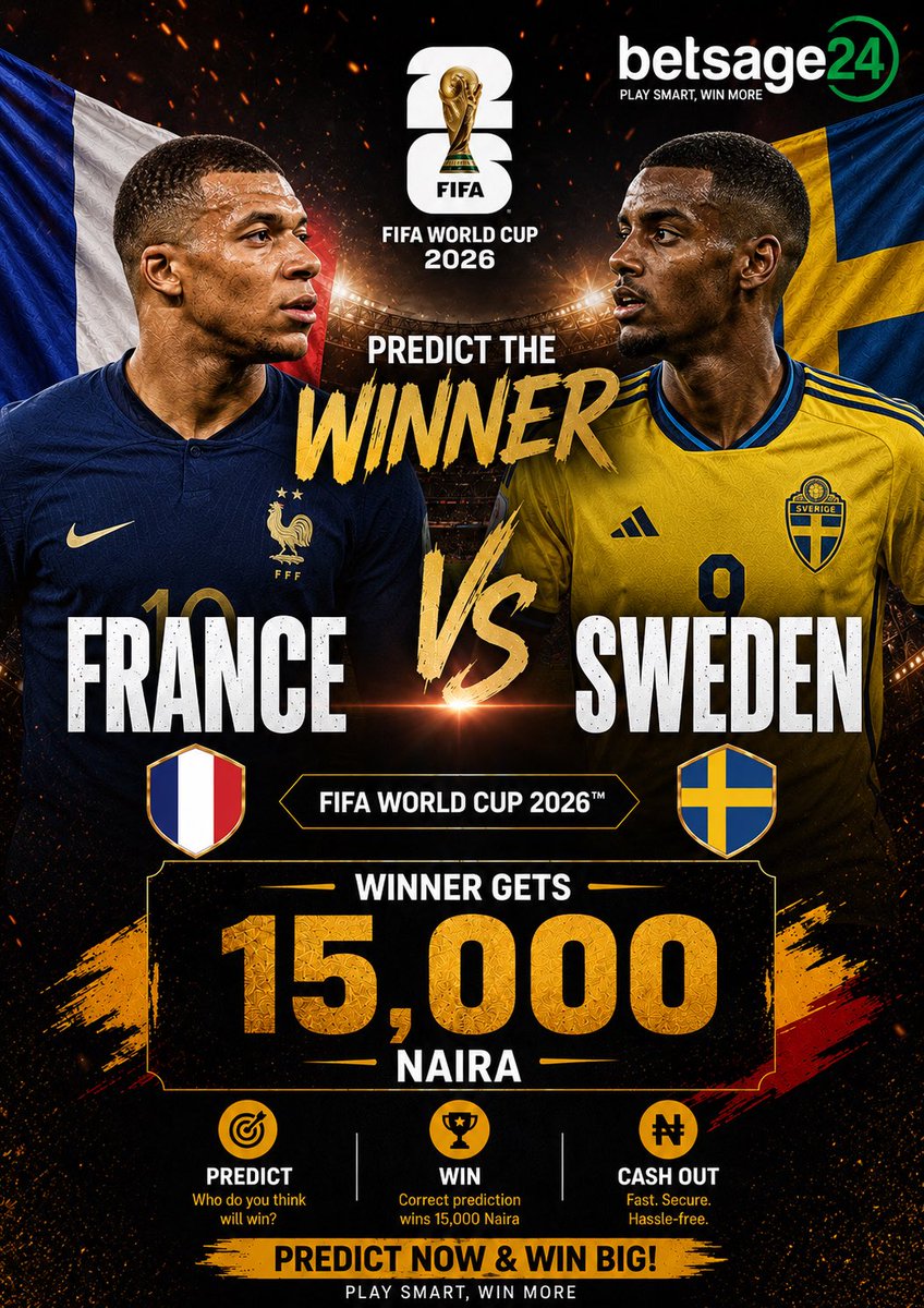 betsage24's tweet photo. Predict France 🇫🇷 Vs Sweden 🇸🇪 winner gets NGN15,000 Let’s go! 

P.S- there will be only one winner(first to get the correct score right at regular time) https://t.co/l25WUd7ZBA